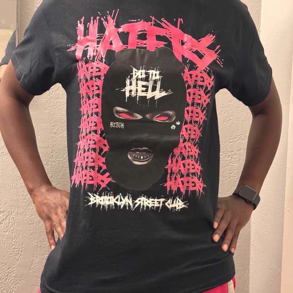 Black Graphic T-Shirt with Pink and White Design